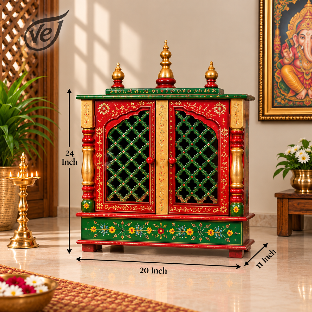 Bhakti Temple AET55 Green & Red MDF/Mango Wood Mandir 20 x 11 x 24 Inch | Pre-order 1-2 Weeks