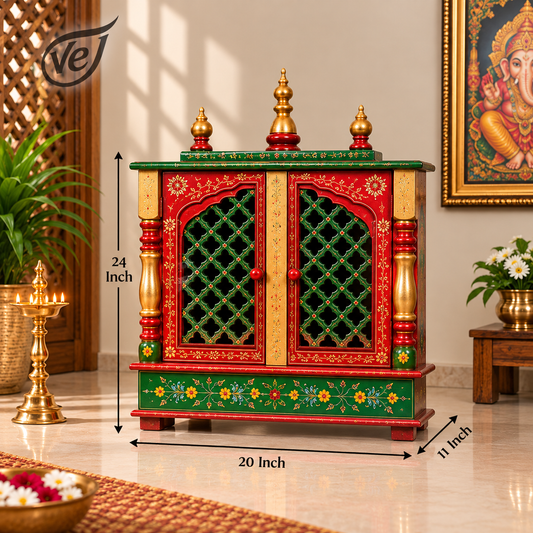 Bhakti Temple AET55 Green & Red MDF/Mango Wood Mandir 20 x 11 x 24 Inch