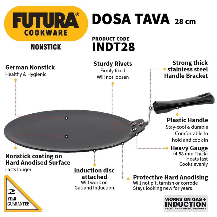 Hawkins Futura Nonstick Flat Tava 28Cm 4.88Mm Thickness (Indiuction and Gas compatible)