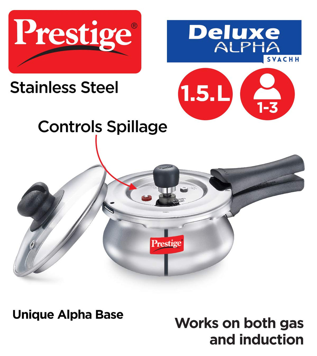 Prestige Deluxe Alpha SVACHH Stainless Steel Handi Pressure Cooker 1.5 Litre with Glass Lid