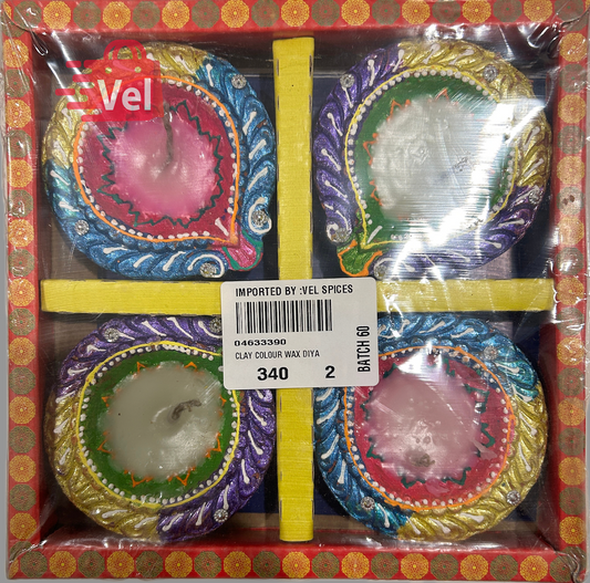 Multicolor Wax Diya Set of 4 – Handcrafted Diwali Deepak with White Pattern Detailing | Decorative for Pooja & Gifting