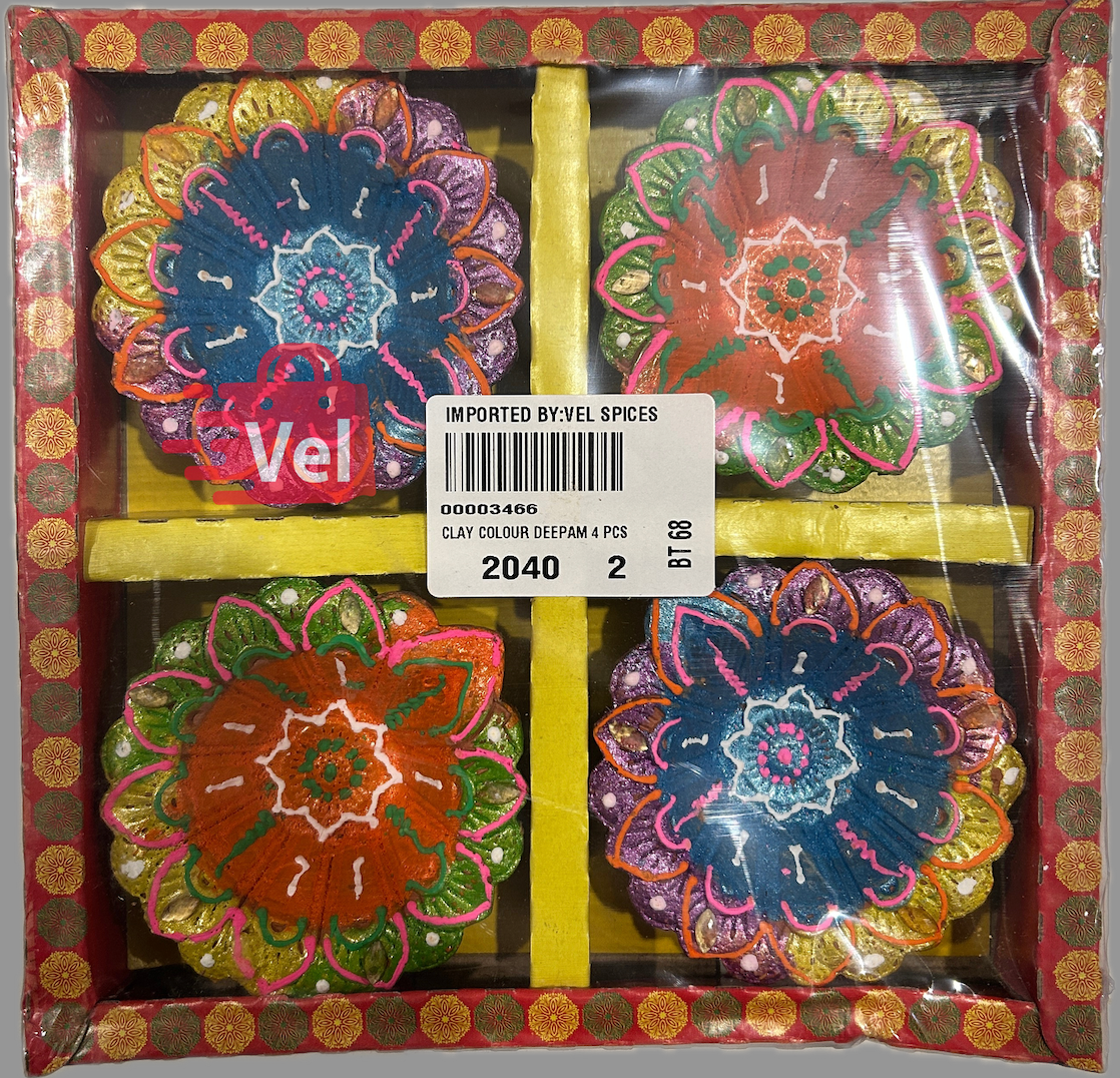Diya Set of 4 – Dual-Tone Decorative Diyas with Flower Pattern | Orange-Yellow & Yellow-Blue Mix for Diwali Pooja, Aarti & Home Decor