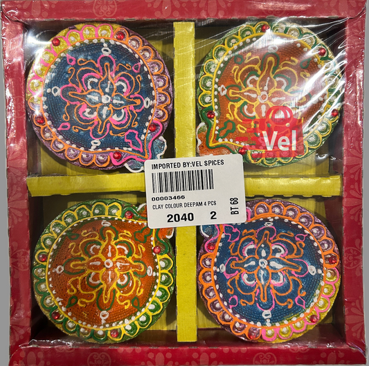 Diya Set of 4 – Dual-Tone Decorative Diyas with Multicolor Line Pattern | Orange-Yellow & Yellow-Blue Mix for Diwali Pooja, Aarti & Home Decor