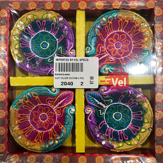 Diya Set of 4 – Dual-Tone Decorative Diyas with Multicolor Line Pattern | Violet-Yellow & Yellow-Green Mix for Diwali Pooja, Aarti & Home Decor