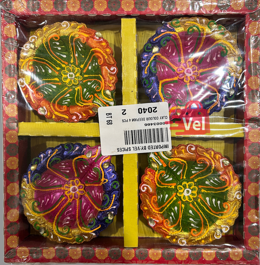 Diya Set of 4 – Tri-Color Decorative Diyas with Multicolor Line Pattern | Green-Orange-Yellow & Blue-Pink-Yellow Mix for Diwali Pooja, Aarti & Home Decor