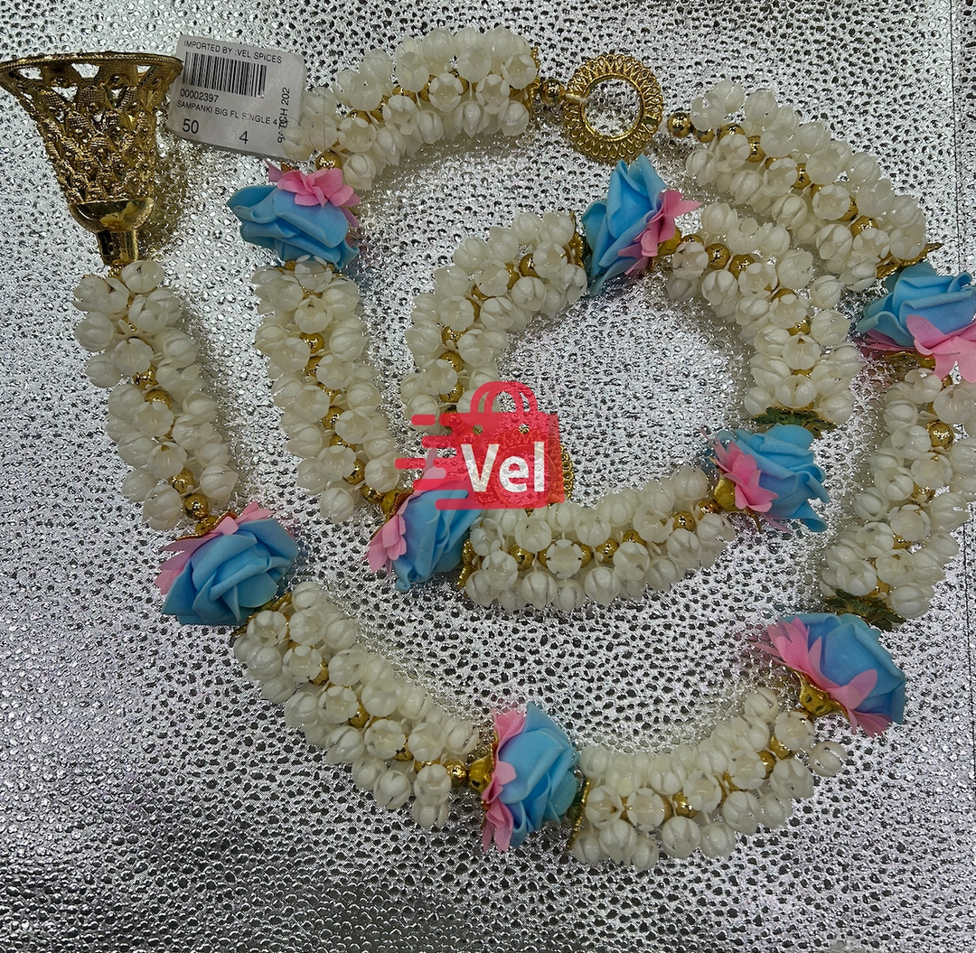 Plastic Flower Garland with Blue rose with Pink base 4 Feet Long Decorative Mala for Festivals, Puja & Home