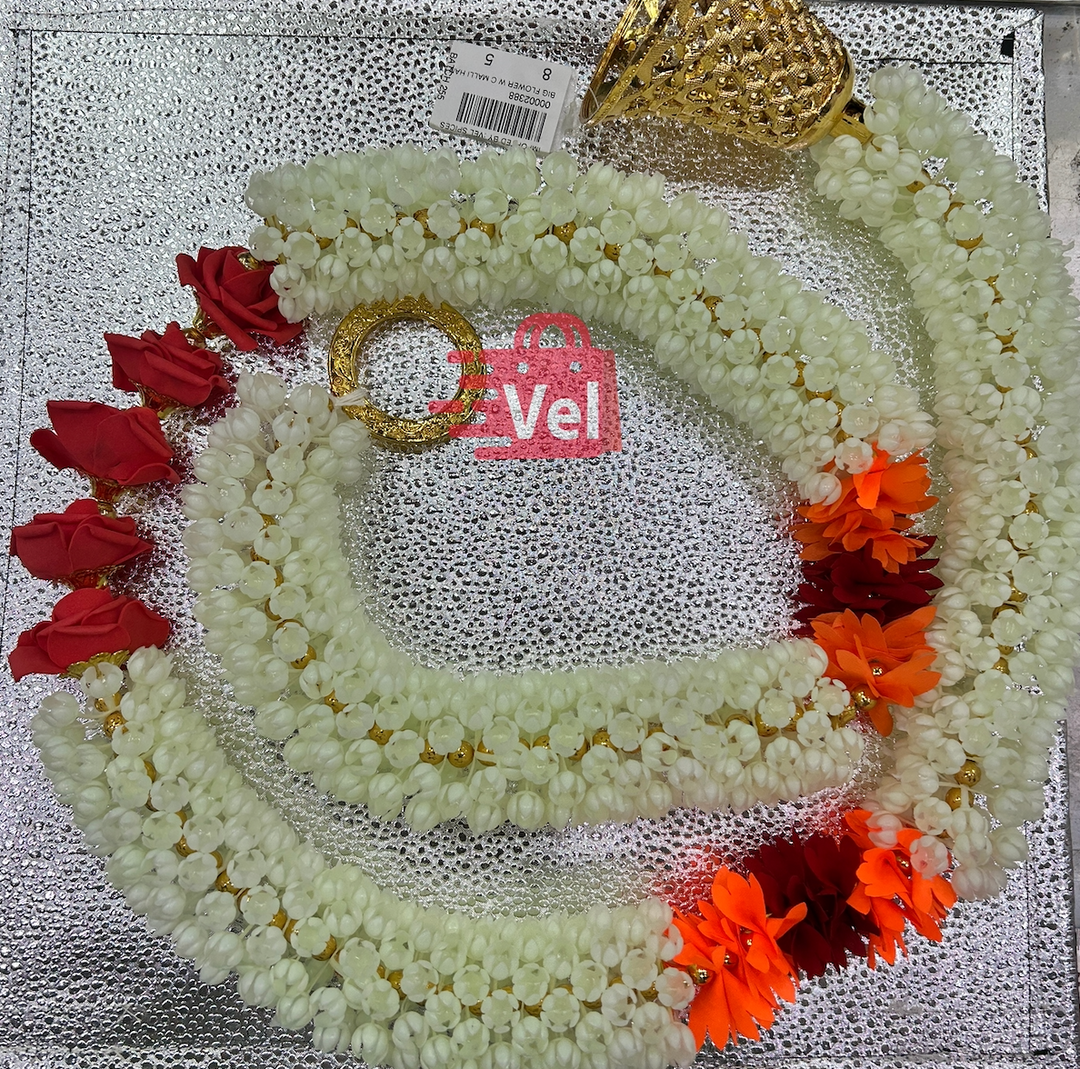 Plastic Flower Garland with Red and Orange Flowers 5 Feet Long Decorative Mala for Festivals, Puja & Home