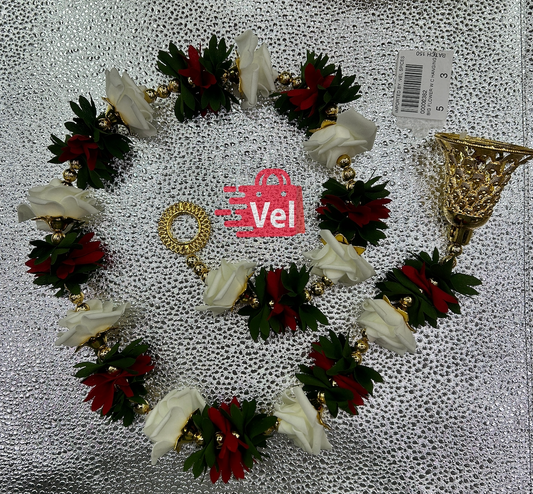 Plastic White and Red Flower Garland 3 Feet Long Decorative Mala for Festivals, Puja & Home