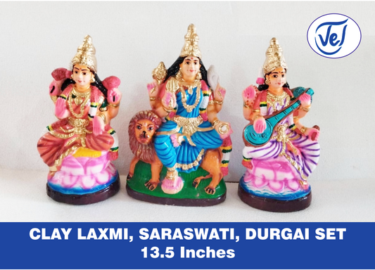 Kolu Dolls Lakshmi Saraswati Durga Set 13.5 Inch Clay Golu Dolls