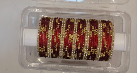 Glass Red Bangles - with white border bangles (36 bangles total)
