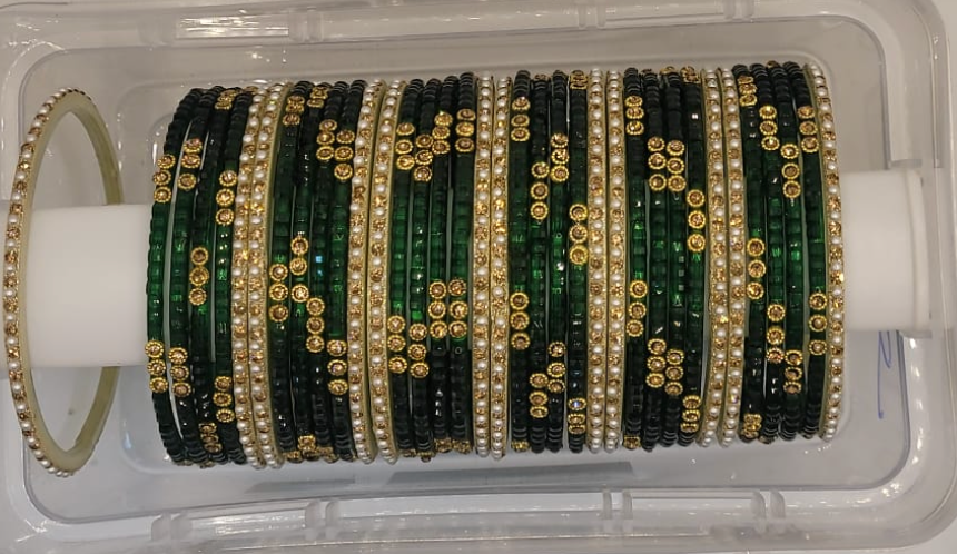 Glass Green Bangles - with white border bangles (36 bangles total)