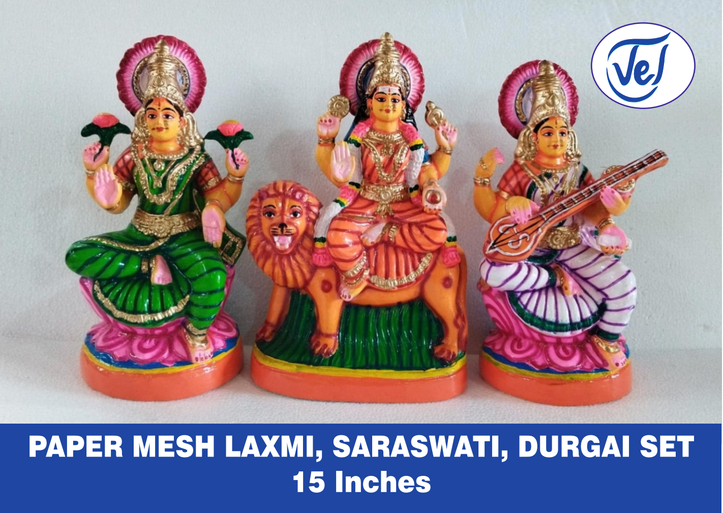 Kolu Dolls Lakshmi Saraswathi Durgai (Goddesses Lakshmi, Saraswati and Durga) Set 15 Inch Paper Mache