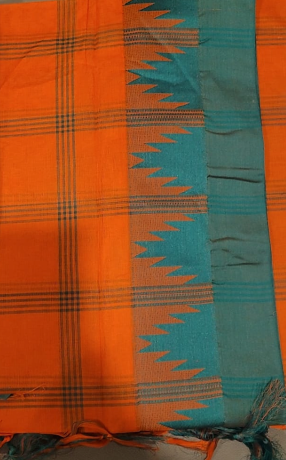 Arya Checks Saree -  Orange and Green