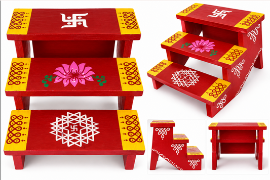 Red 3-Steps Golu Stand with Kolam Design (Pre-order 2 weeks before)