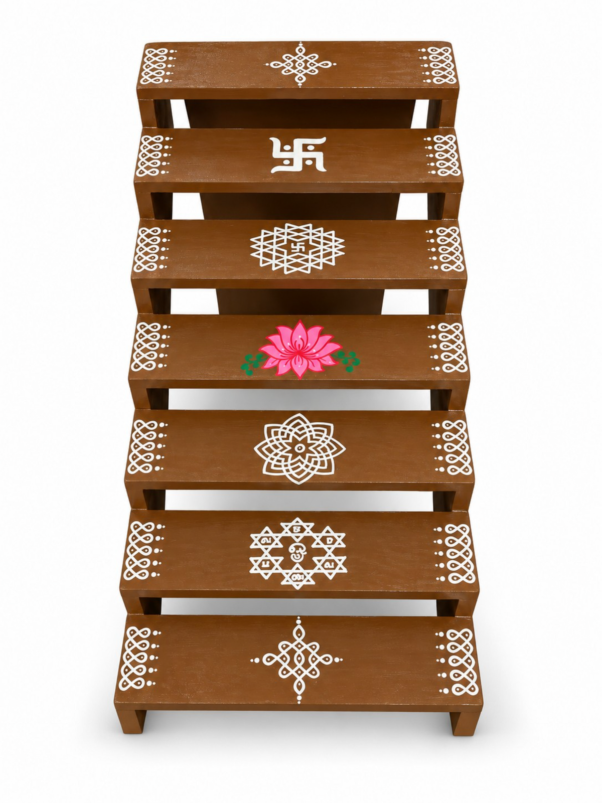Brown 7-Step Golu Stand with Kolam Designs – 63 × 30 × 28 cm (Pre-order 2 weeks before)