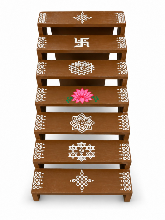 Brown 7-Step Golu Stand with Kolam Designs – 63 × 30 × 28 cm (Pre-order 2 weeks before)