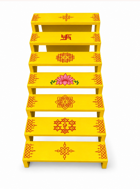 Yellow 7-Step Golu Stand with Kolam Designs – 63 × 30 × 28 cm (Pre-order 2 weeks before)