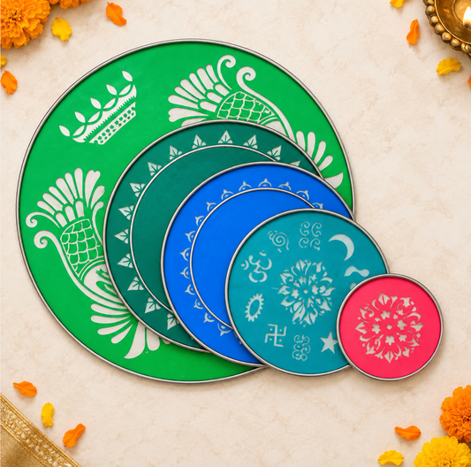 Rangoli Stencil Set of 5 (Steel + Channi) [ 4", 8", 10", 12", 18"]