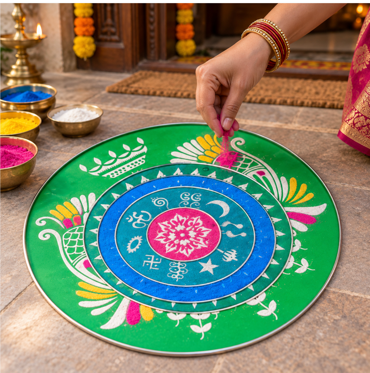 Rangoli Stencil Set of 5 (Steel + Channi) [ 4", 8", 10", 12", 18"]