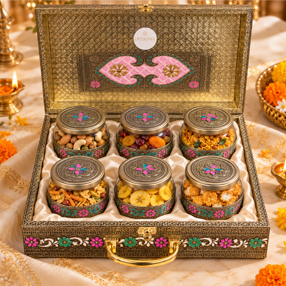 Deeksha Diwali Gift Hamper | Meenakari Assorted Snacks Gift Case