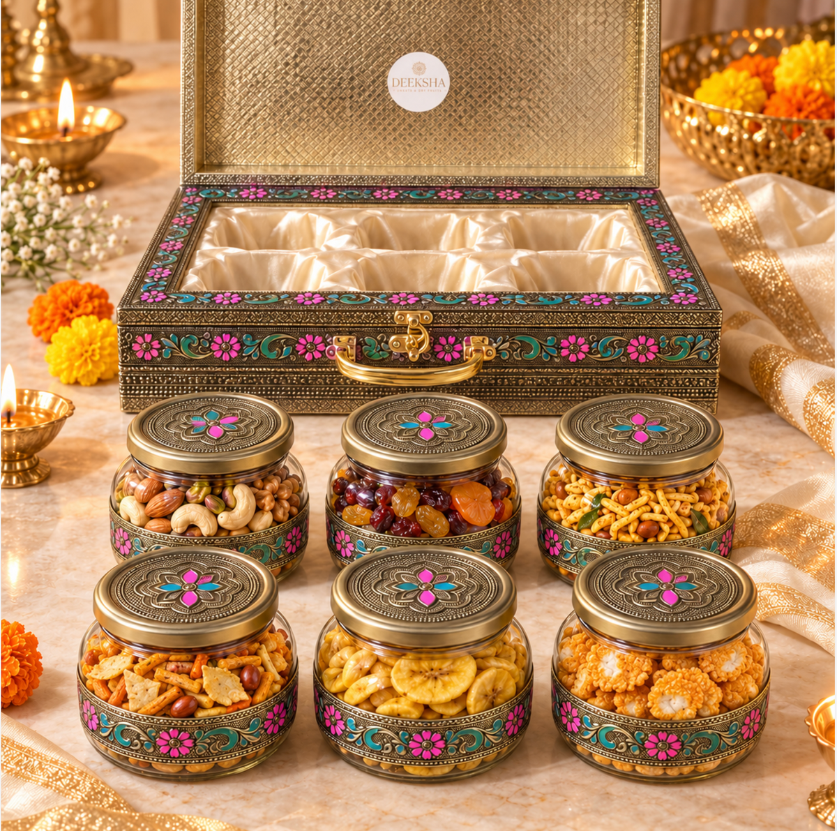 Deeksha Diwali Gift Hamper | Meenakari Assorted Snacks Gift Case