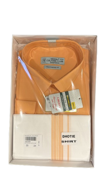 Ramraj Men Matching Jari Border Dhoti & Full Sleeves Shirt Set Orange