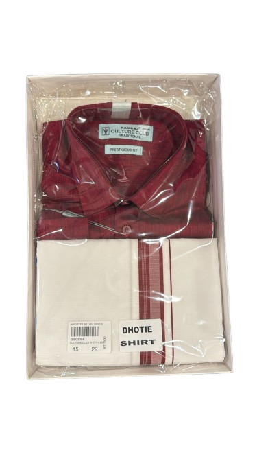 Men Matching Jari Border Dhoti & Full Sleeves Shirt Set Maroon