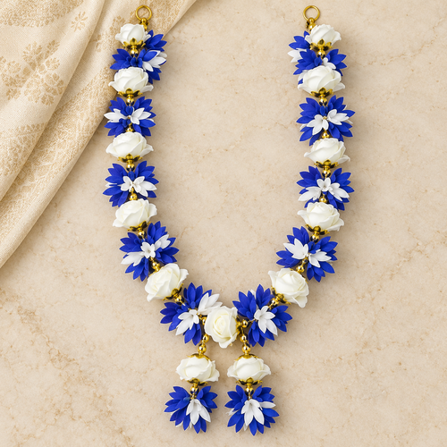 Big flower photo mala with blue and white flowers