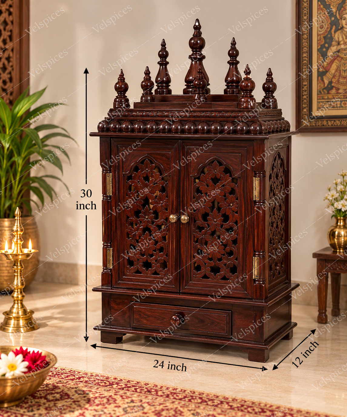 Bhakti Temple AET19 Brown MDF/Mango Wood Mandir 24 x 12 x 30 Inch
