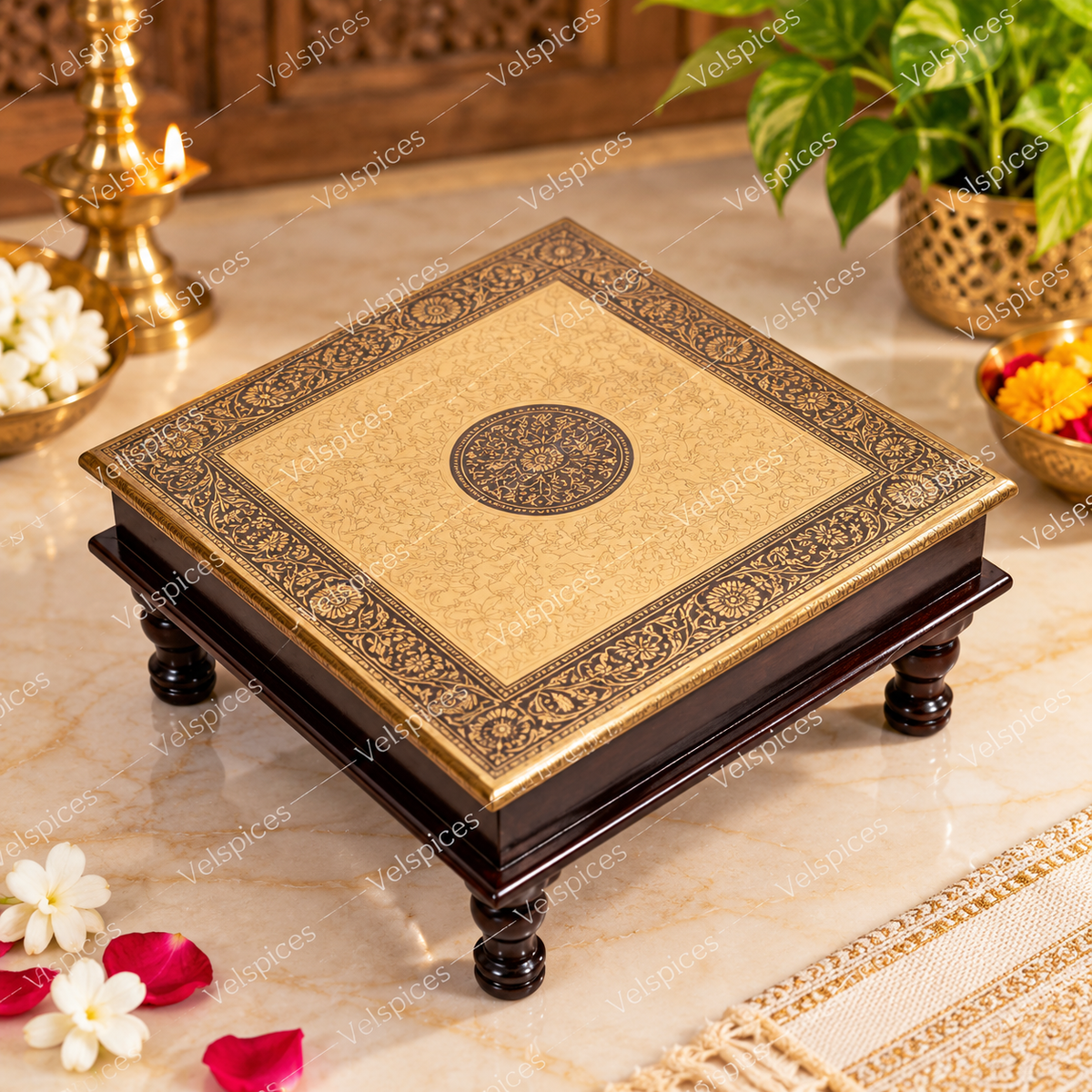 Bhakti Bijou AET100 Gold & Brown MDF Stool 18 x 18 Inch