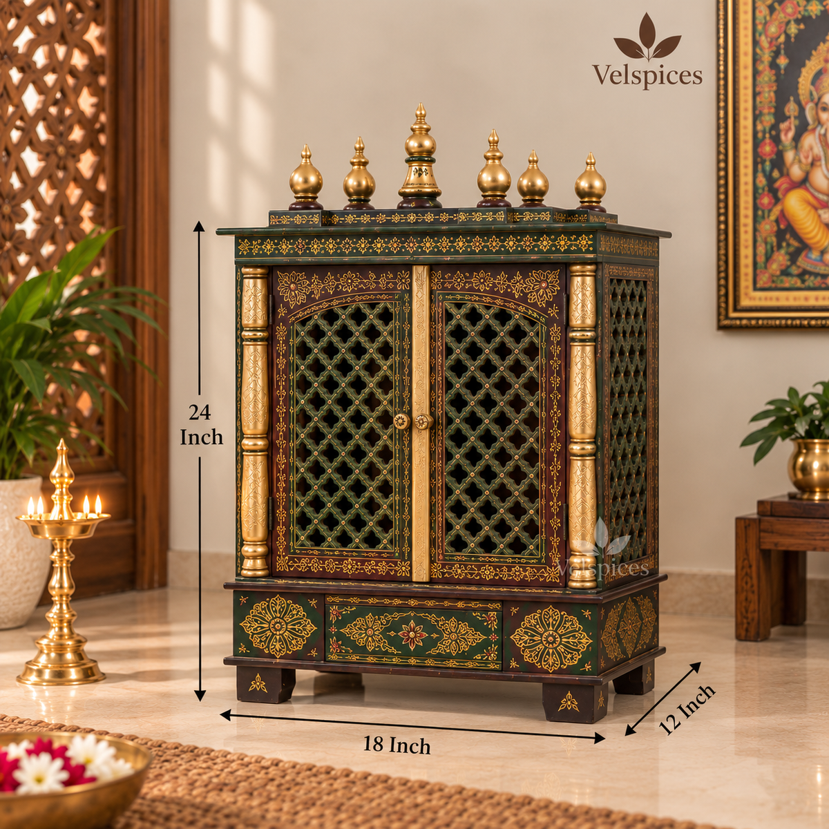 Bhakti Temple AET23 Dark Red & Gold MDF/Mango Wood Mandir 18 x 12 x 24 Inch