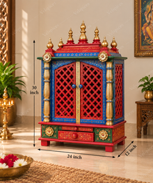 Bhakti Temple AET21 Red, Gold & Blue MDF/Mango Wood Mandir 24 x 12 x 30 Inch