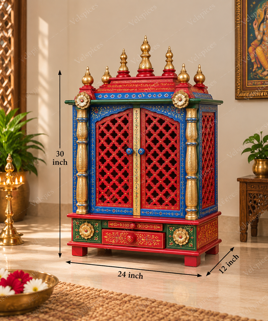 Bhakti Temple AET21 Red, Gold & Blue MDF/Mango Wood Mandir 24 x 12 x 30 Inch