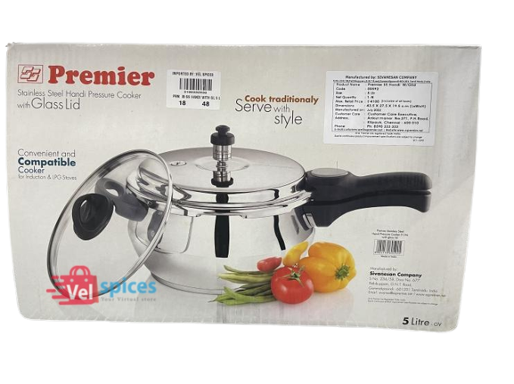 Premier Stainless Steel Pressure Cooker with Glass Lid 5Lt