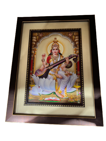 Goddess Saraswathy Picture, Photo Brown Frame 22"x10"