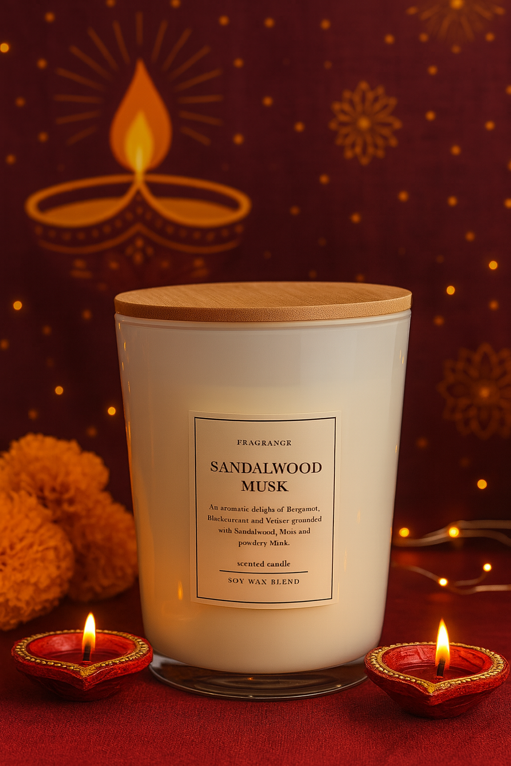 🪔 Diwali Sandalwood Musk Scented Candle – Luxury Blend in Elegant Glass Jar