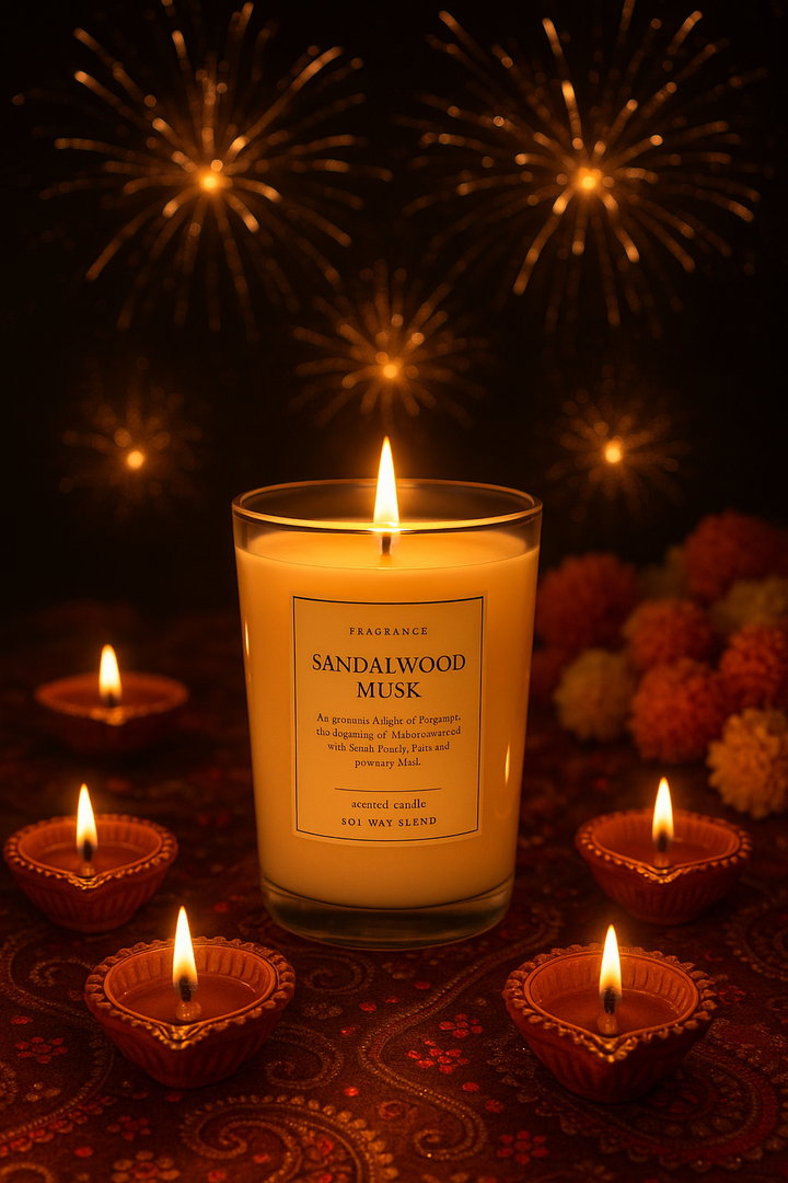 🪔 Diwali Sandalwood Musk Scented Candle – Luxury Blend in Elegant Glass Jar