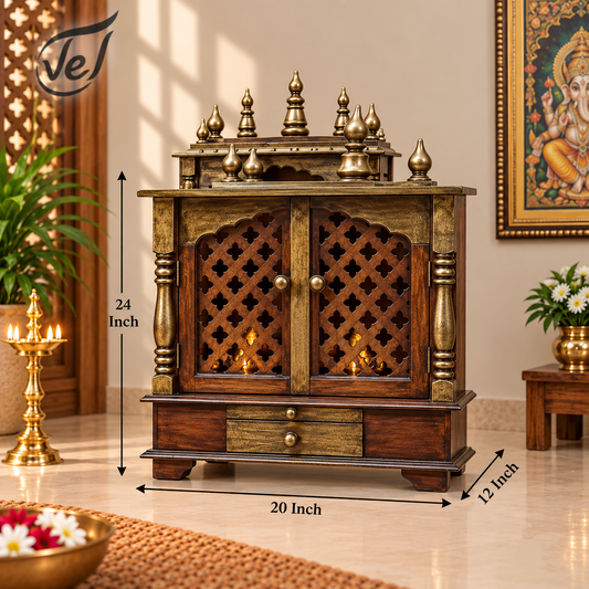 Bhakti Temple AET108 Dark Brown & Gold MDF/Mango Wood Mandir 20 x 12 x 24 Inch