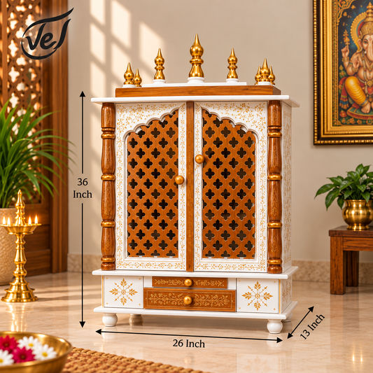 Bhakti Temple AET112 White & Gold MDF/Mango Wood Mandir 26 x 13 x 36 Inch