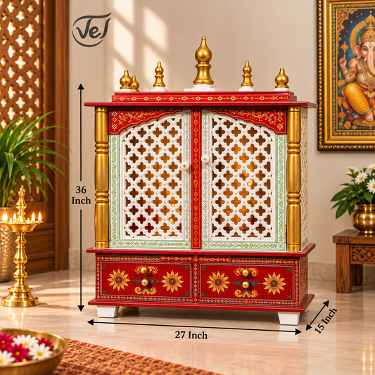 Bhakti Temple AET136 White & Red MDF/Mango Wood Mandir 27 x 15 x 36 Inch