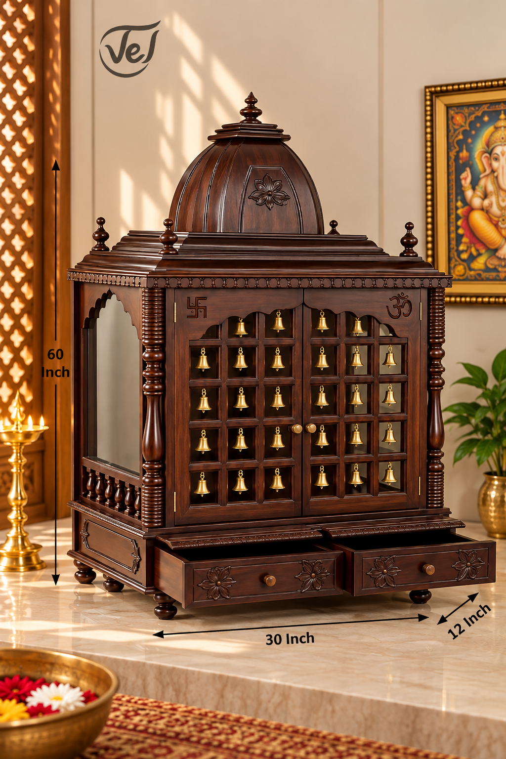 Bhakti Temple AET134 Dark Brown Sesame/Veneer Wood Mandir with Bells 30 x 12 x 60 Inch | Pre-order 1-2 Weeks