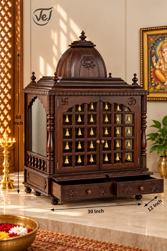 Bhakti Temple AET134 Dark Brown Sesame/Veneer Wood Mandir with Bells 30 x 12 x 60 Inch