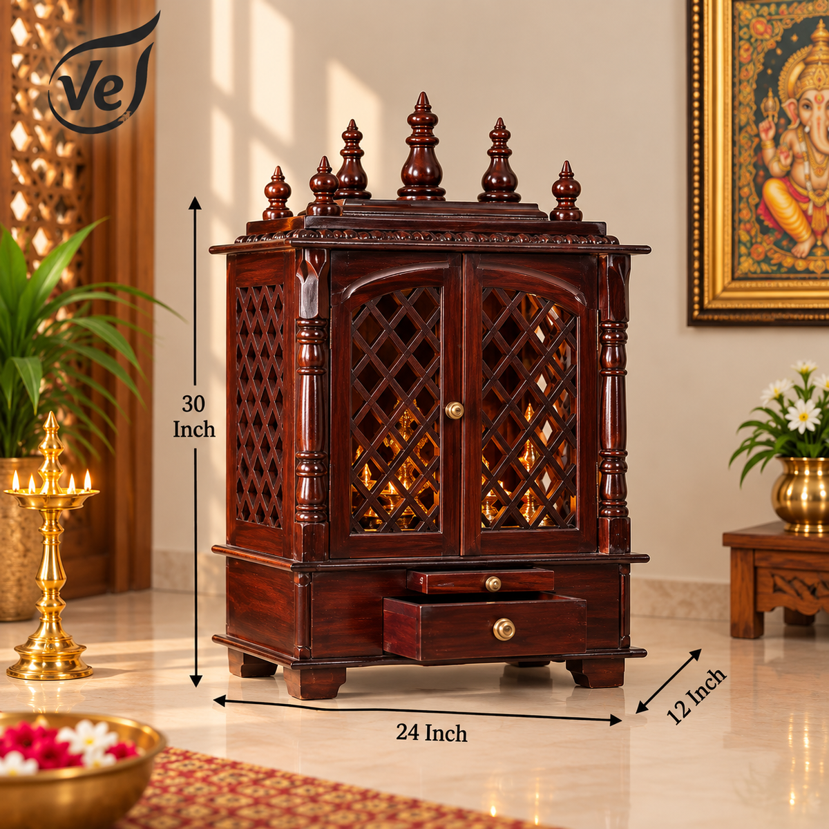 Bhakti Temple AET25 Dark Brown MDF/Mango Wood Mandir 24 x 12 x 30 Inch | Pre-order 1-2 Weeks