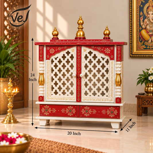 Bhakti Temple AET53 White & Red MDF/Mango Wood Mandir 20 x 11 x 24 Inch