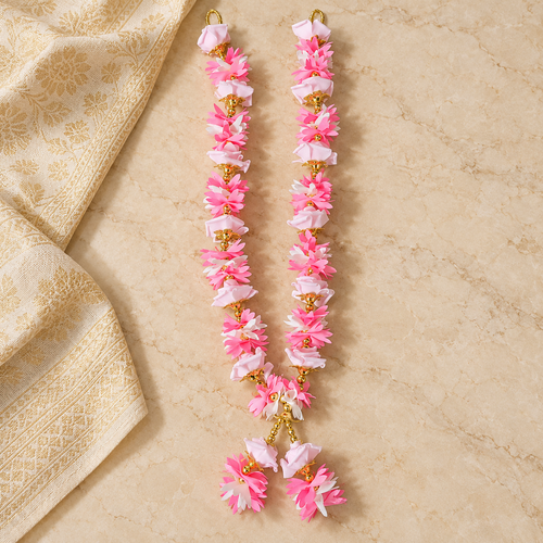 Big flower photo mala, pink and pale pink with gold-tone accents