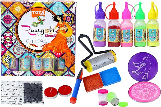 Diwali Rangoli Gift Pack – Complete Rangoli Kit with 7 Colours, Stencils, Roller, Pen & Candles for Festival Decorations