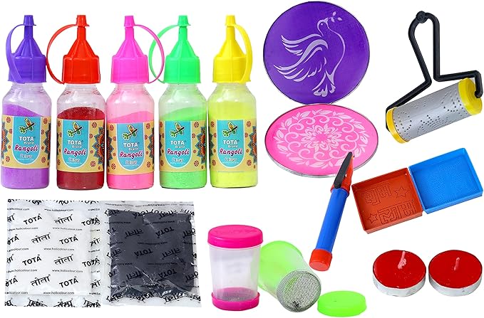 Diwali Rangoli Gift Pack – Complete Rangoli Kit with 7 Colours, Stencils, Roller, Pen & Candles for Festival Decorations