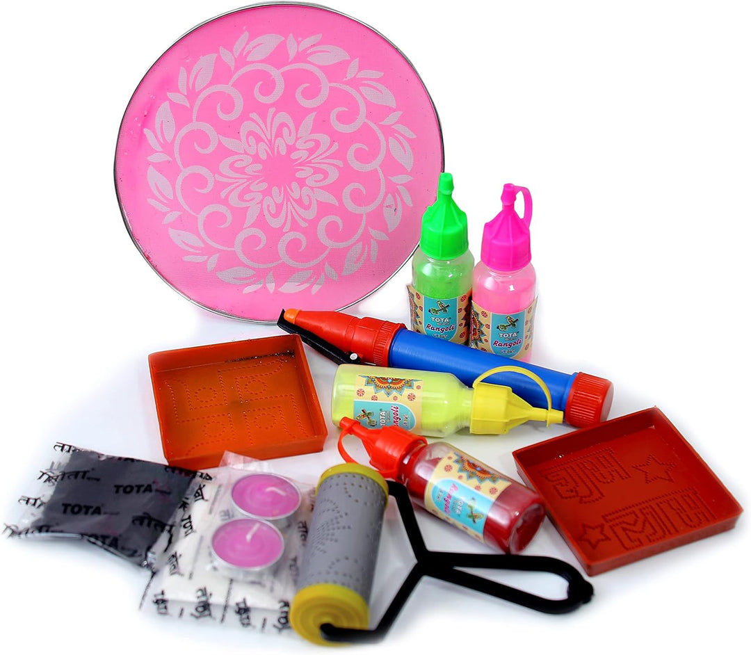 Diwali Rangoli Gift Pack – Complete Rangoli Kit with 7 Colours, Stencils, Roller, Pen & Candles for Festival Decorations
