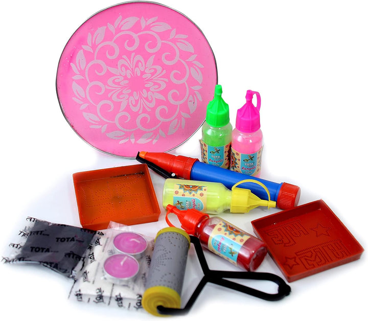Diwali Rangoli Gift Pack – Complete Rangoli Kit with 7 Colours, Stencils, Roller, Pen & Candles for Festival Decorations