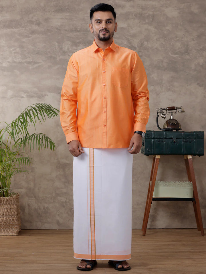 Ramraj Men Matching Jari Border Dhoti & Full Sleeves Shirt Set Orange